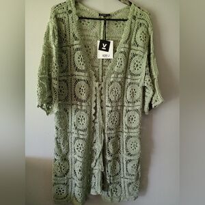 Very J Green Crochet Cardigan Women's Size Small Medium Cardigan Top Sweater NWT